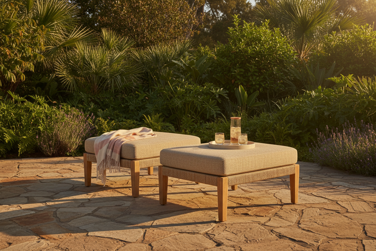 Ottomans Collection Hero - Ottomans on a stone patio surrounded by lush landscaping.  