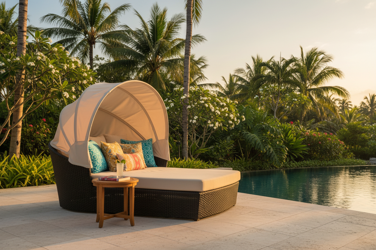 Daybeds Collection Hero - Premium outdoor daybed with plush cushions and canopy on a pool deck with lush tropical garden backdrop at golden hour