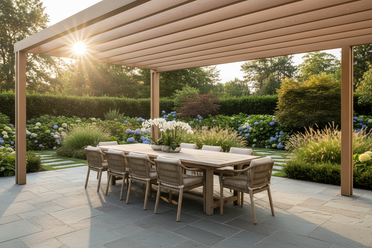 Pergolas Collection Hero - Premium outdoor pergola with architectural lines over a stone patio at golden hour with outdoor dining underneath.