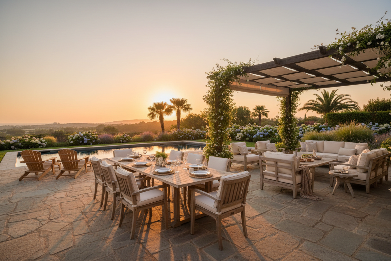 Outdoor Furniture Collection Hero - Expansive premium outdoor living space with teak dining set, deep seating lounge group and Adirondack chairs on a large stone patio with pool, pergola and manicured garden at golden hour.