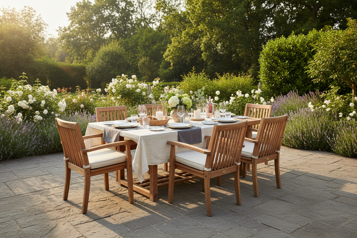 Dining Tables & Sets Collection Hero - Premium teak outdoor dining table set for six elegantly set for al fresco dining with glassware and linens on a stone patio with lush garden backdrop at golden hour.