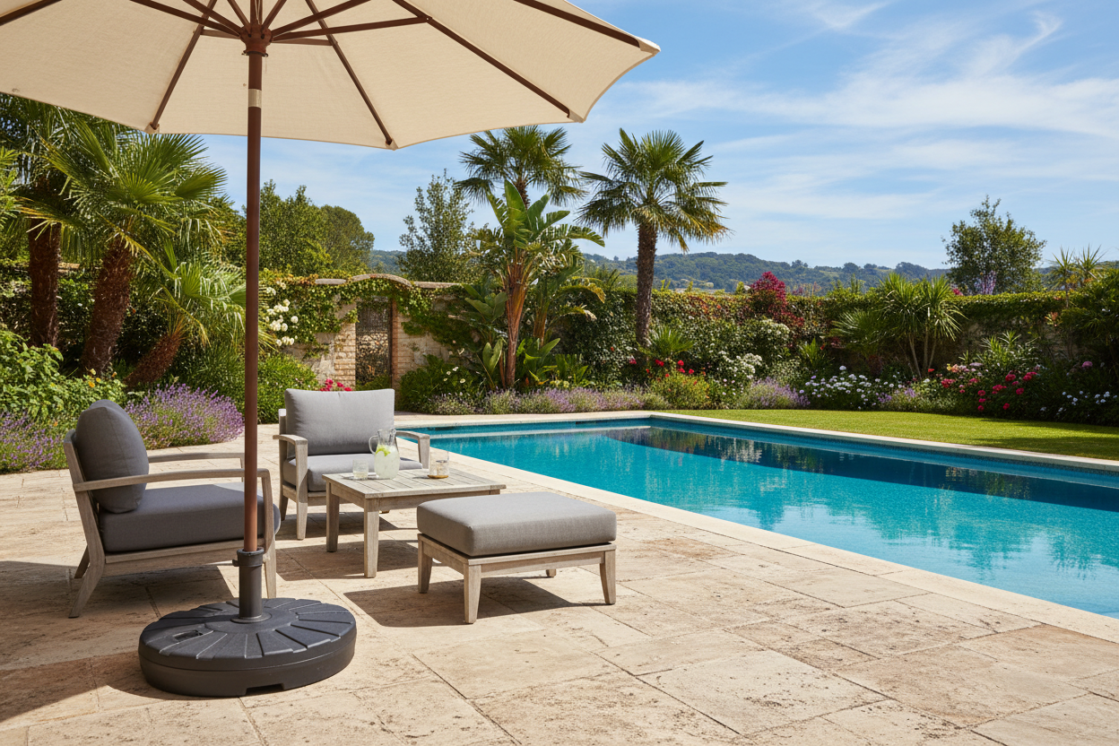 Sunshade & Accessories Collection Hero - Premium outdoor umbrella base and large open sunshade over lounge seating on a stone patio with pool and garden backdrop on a bright sunny day.