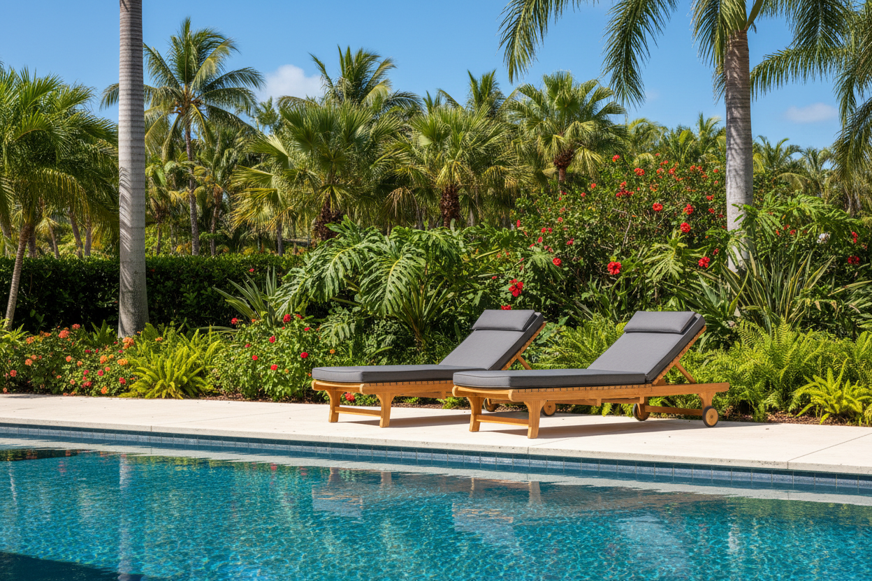 Lounge Chairs Collection Hero - Premium teak chaise lounge chairs with Sunbrella cushions beside a pool with sparkling blue water and lush tropical landscaping backdrop on a bright sunny day.