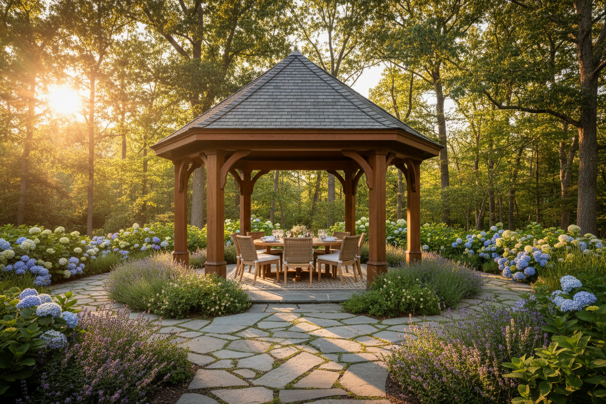 Gazebos Collection Hero - Premium outdoor gazebo with classic roofline and elegant wooden posts in a lush garden at golden hour with outdoor dining underneath.
