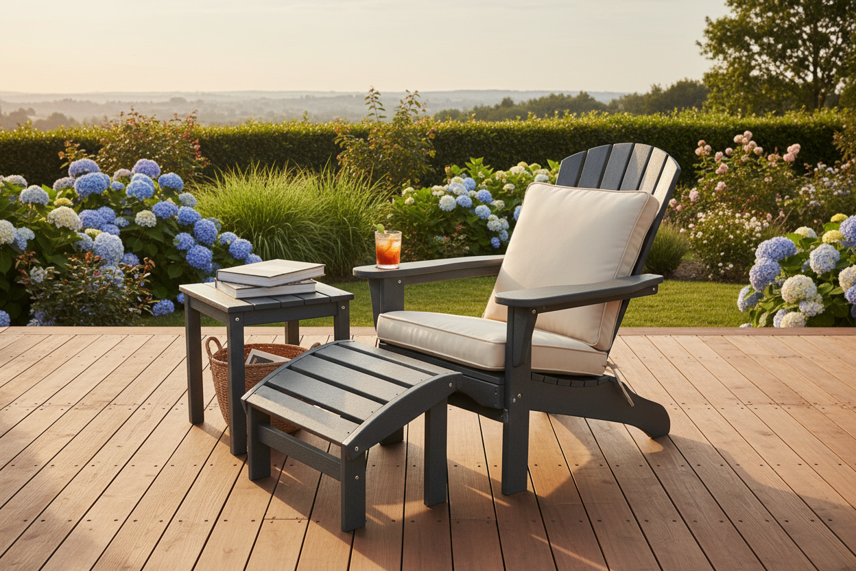 Adirondack Accessories Collection Hero - Premium Adirondack chair with footrest, side table, cushion and cup holder on a wooden deck at golden hour.