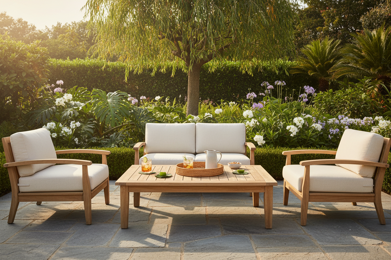 Accent & Coffee Tables Collection Hero - Premium outdoor teak coffee table on a stone patio with deep seating lounge chairs, drinks and tray at golden hour with lush garden backdrop.