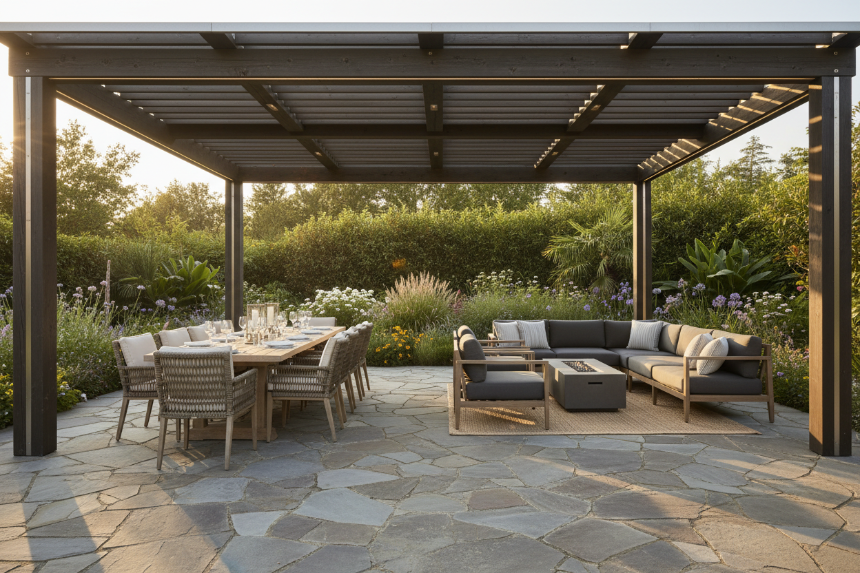 Structures Collection Hero - Premium outdoor timber and aluminum pavilion over a stone patio with dining and lounge furniture at golden hour with lush garden backdrop