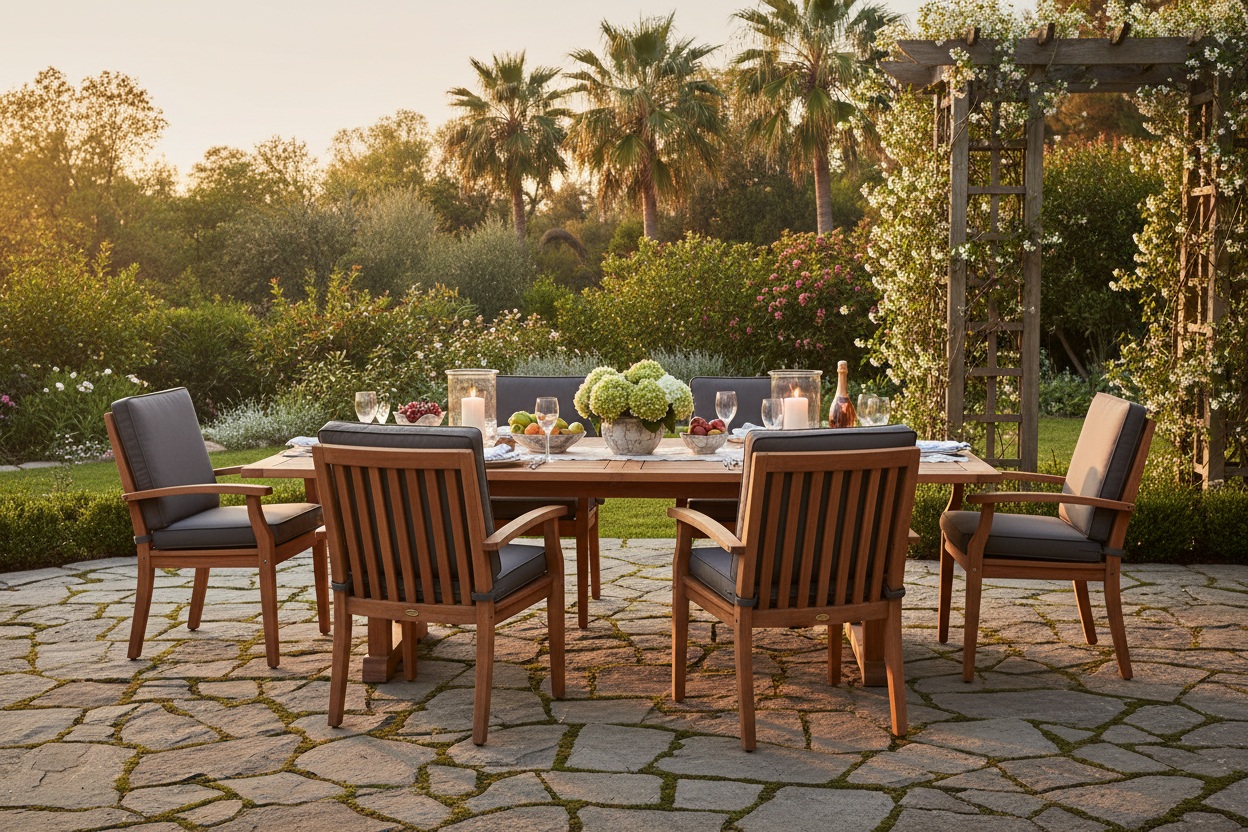 Dining Chairs Collection Hero - Premium teak outdoor dining chairs with Sunbrella cushions arranged around a dining table on a stone patio with lush garden backdrop at golden hour.
