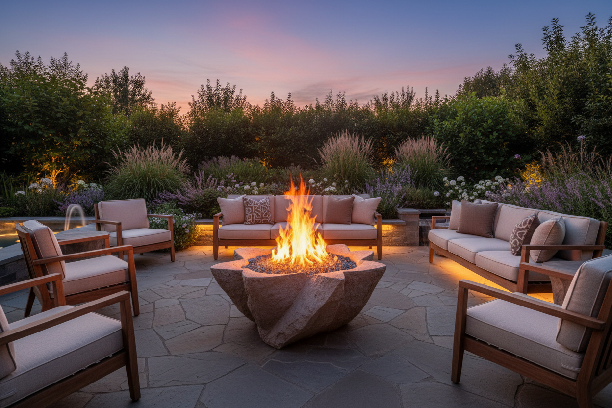 Fire Bowls Collection Hero - Premium outdoor concrete fire bowl with dramatic flame and fire glass media on a stone patio at dusk with lounge seating.