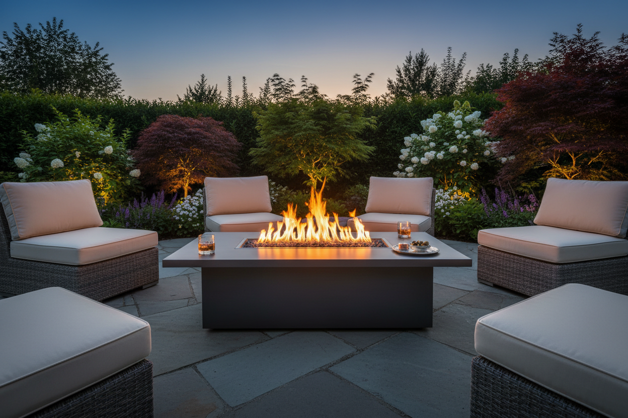 Fire Tables Collection Hero - Premium outdoor rectangular fire table with dramatic flame centerpiece on a stone patio at dusk with deep seating lounge chairs and warm amber glow.