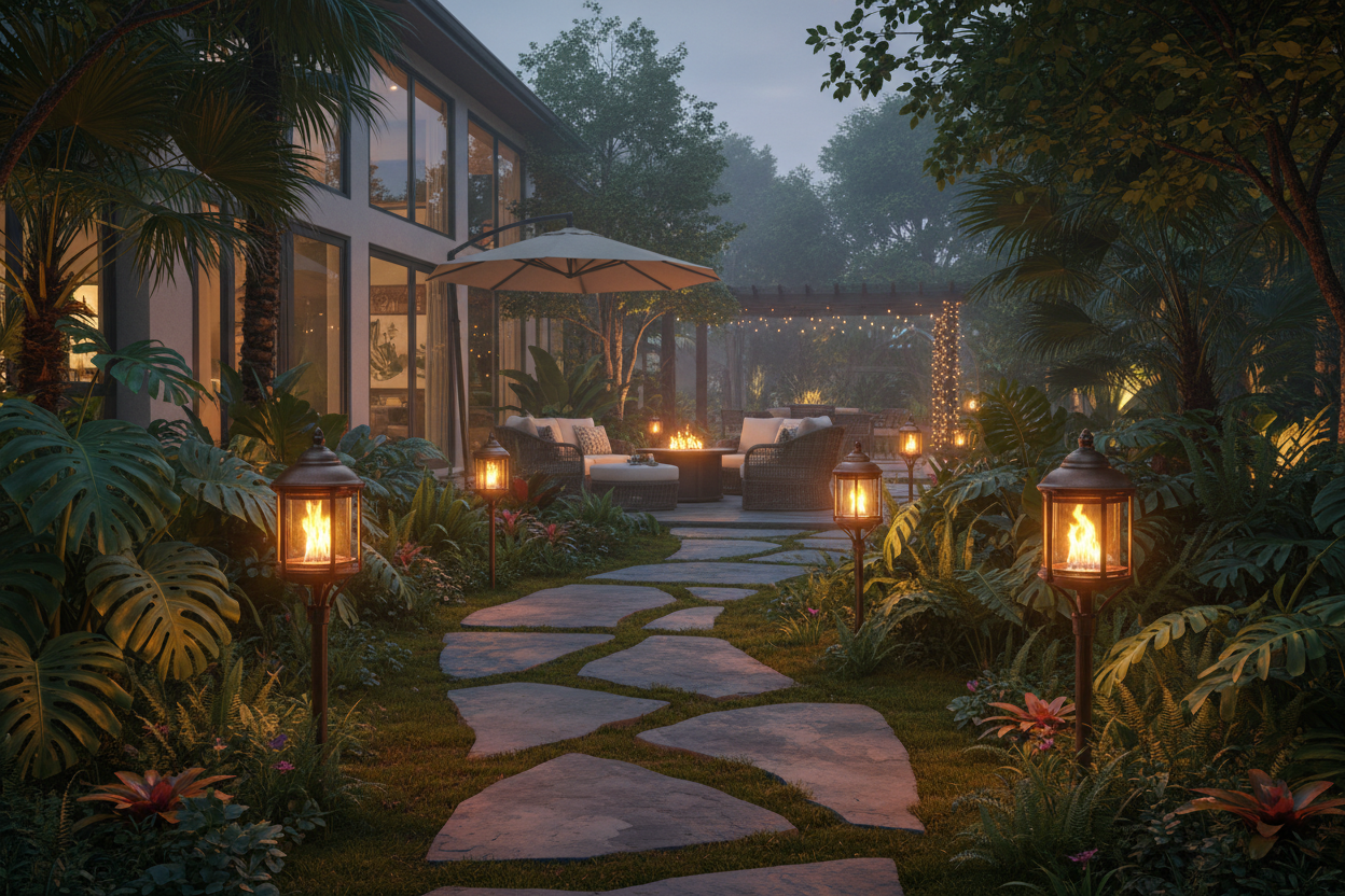 Torches & Tiki Collection Hero - Premium outdoor torches lining a stone garden path at dusk with warm flickering flame glow and lush greenery.