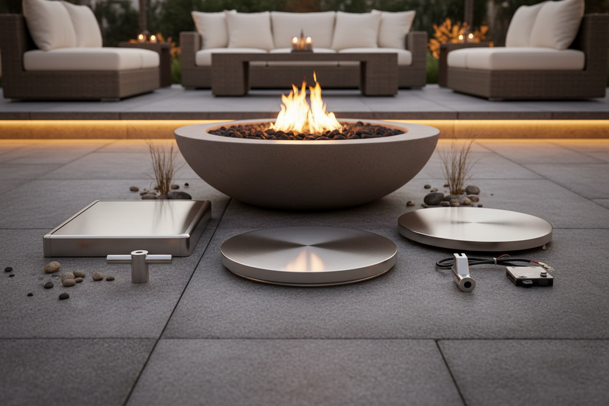 Fire Accessories Collection Hero - Premium outdoor fire accessories including wind guard, burner cover, key valve and ignition kit arranged around a concrete fire bowl on a stone patio