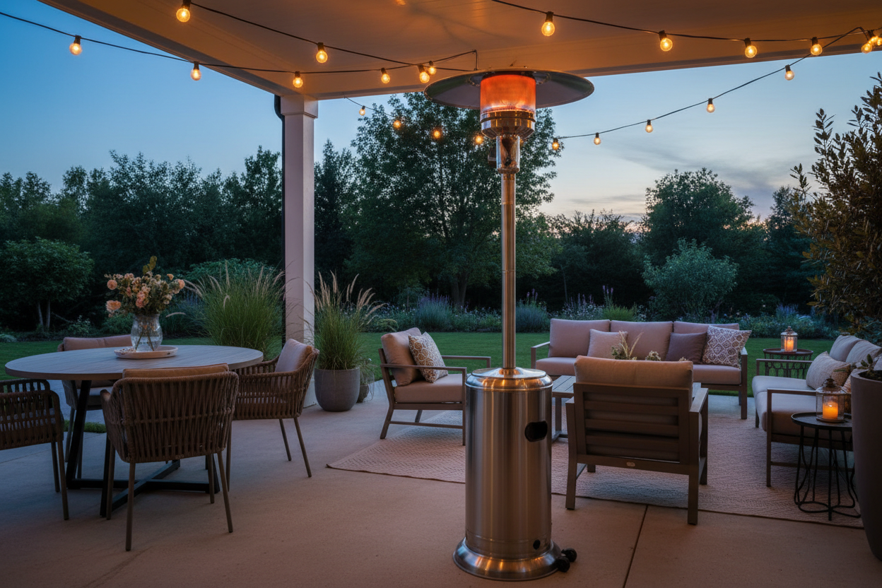 Patio Heaters Collection Hero - Premium freestanding stainless steel patio heater warming an outdoor dining and lounge area at dusk with string lights overhead