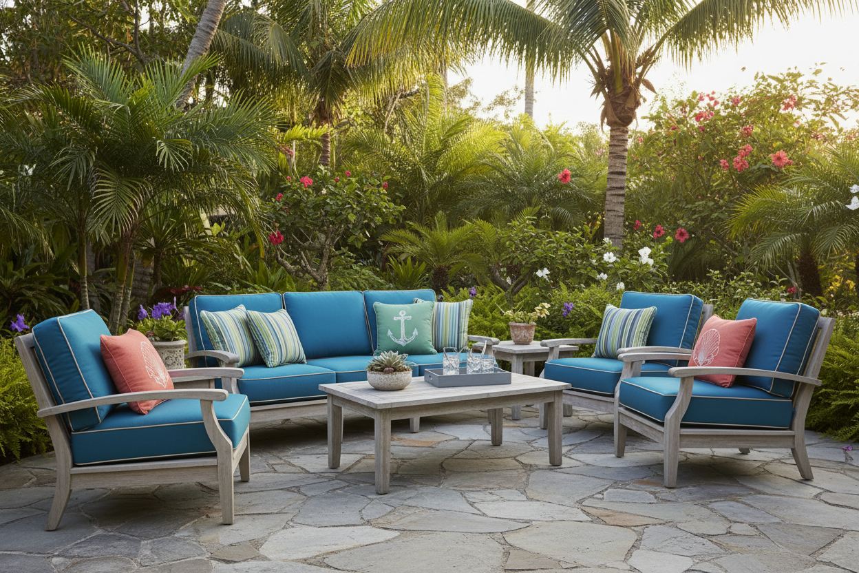 Sunbrella Cushions Collection Hero - Premium Sunbrella outdoor cushions in rich coastal colors on teak deep seating sofa and lounge chairs on a stone patio with lush garden backdrop.