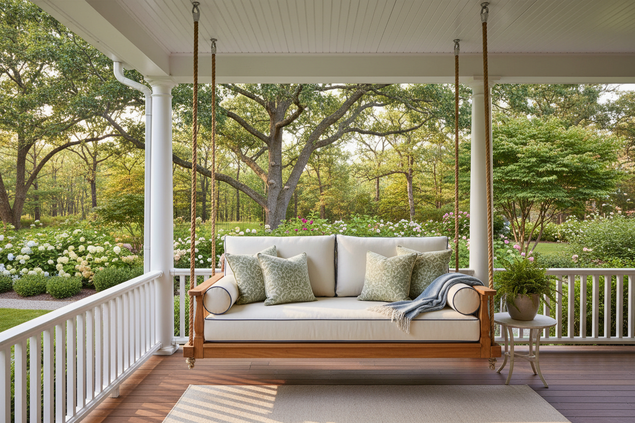 Gliders, Swings & Rockers Collection Hero - Premium teak porch swing with Sunbrella cushions hanging on a classic white wraparound porch with lush garden and mature trees in the background in dappled afternoon light.