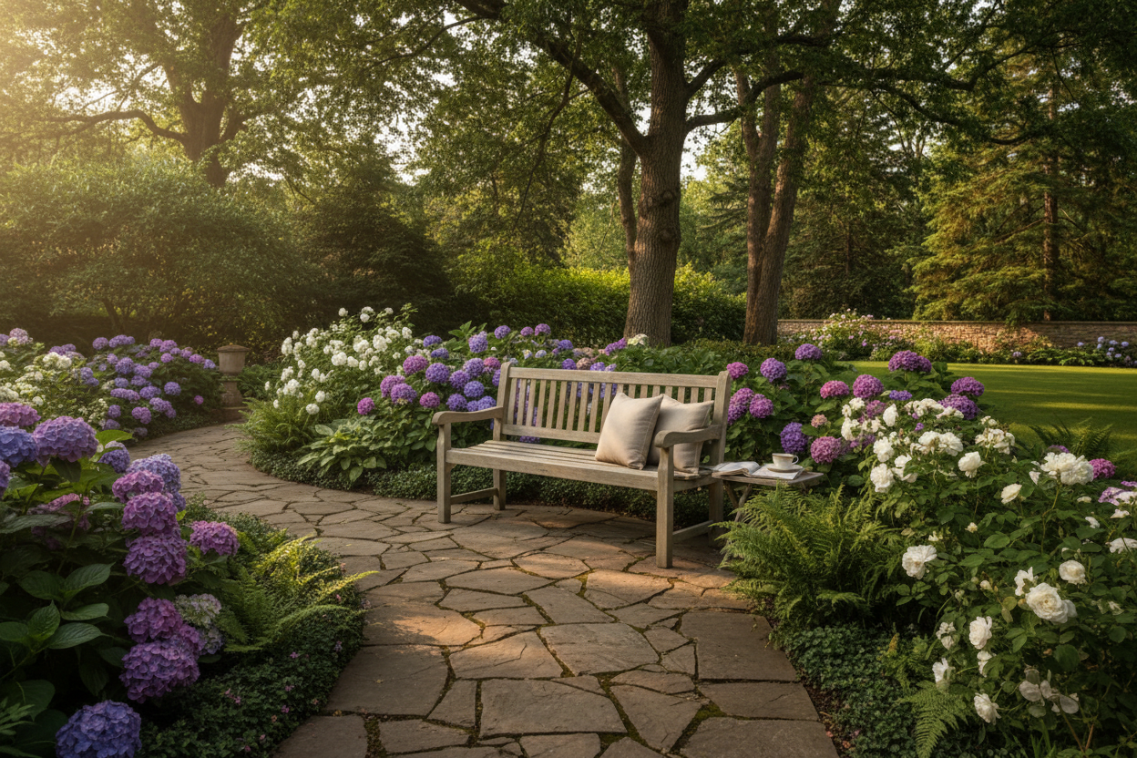 Benches Collection Hero - Premium teak garden bench on a stone garden path surrounded by lush flowering landscaping with dappled sunlight filtering through trees.