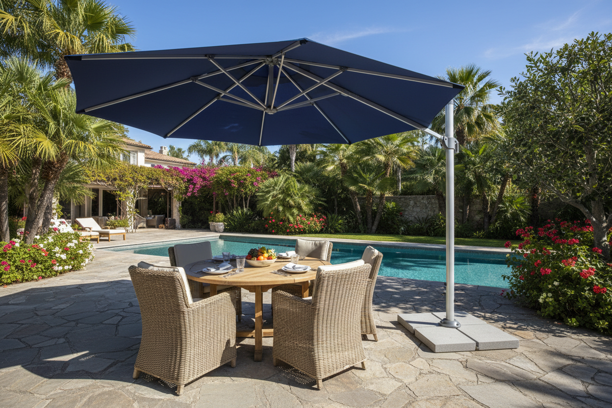 Outdoor Umbrellas Collection Hero - Premium large outdoor patio umbrella with marine-grade canopy over an outdoor dining table on a stone patio with pool and garden backdrop.