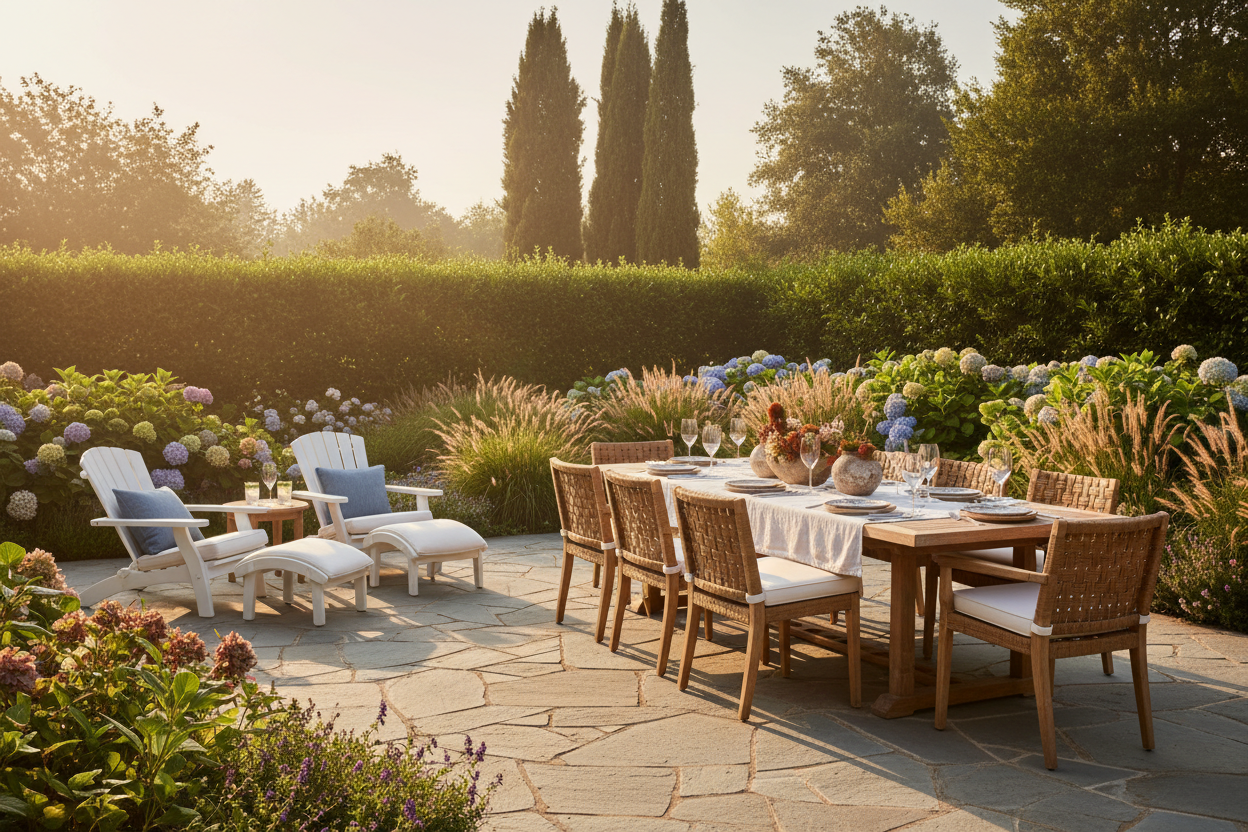 Best Sellers Collection Hero - Premium outdoor teak dining set and poly Adirondack chairs on a stone patio with lush garden backdrop at golden hour.