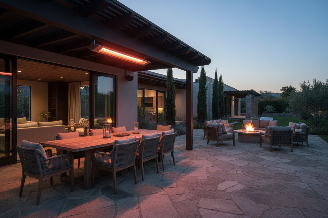 Heat Collection Hero - Premium outdoor infrared patio heater mounted under a covered pergola warming a dining and lounge area at dusk with fire table in background on a stone patio.