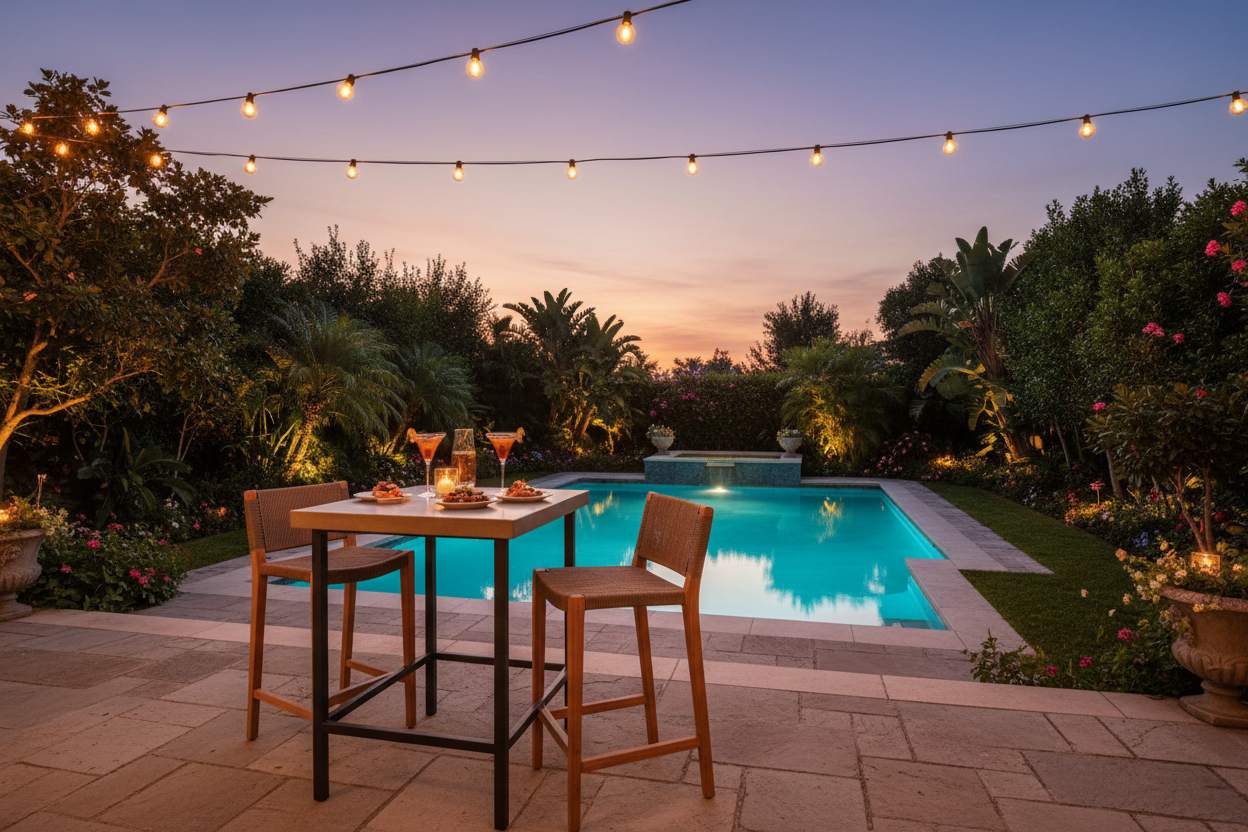 Bar & Bistro Collection Hero - Premium outdoor bar-height bistro table with teak bar stools and cocktails on a patio with string lights overhead and lush garden backdrop at dusk.