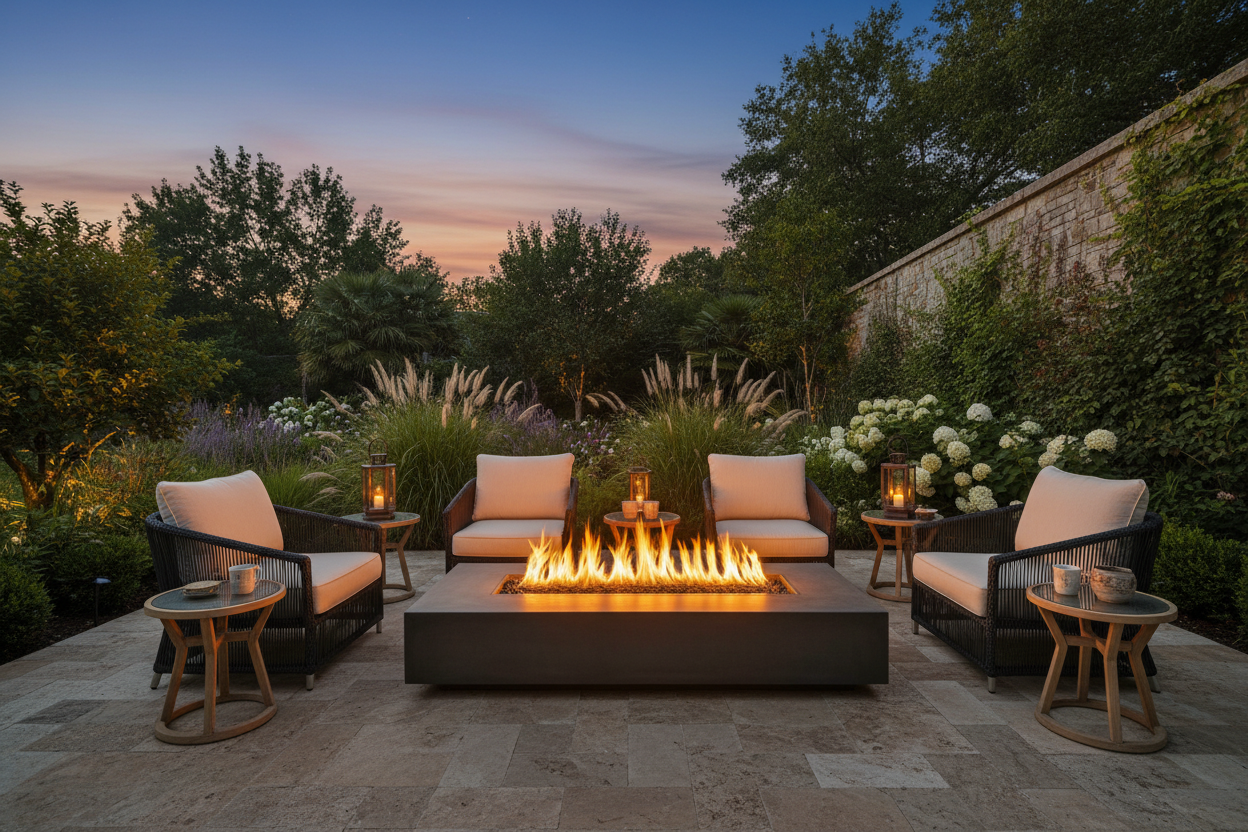 Fire Pits Collection Hero - Premium outdoor fire pit with dramatic flame on a stone patio at dusk surrounded by deep seating lounge chairs with warm amber glow and lush garden backdrop.