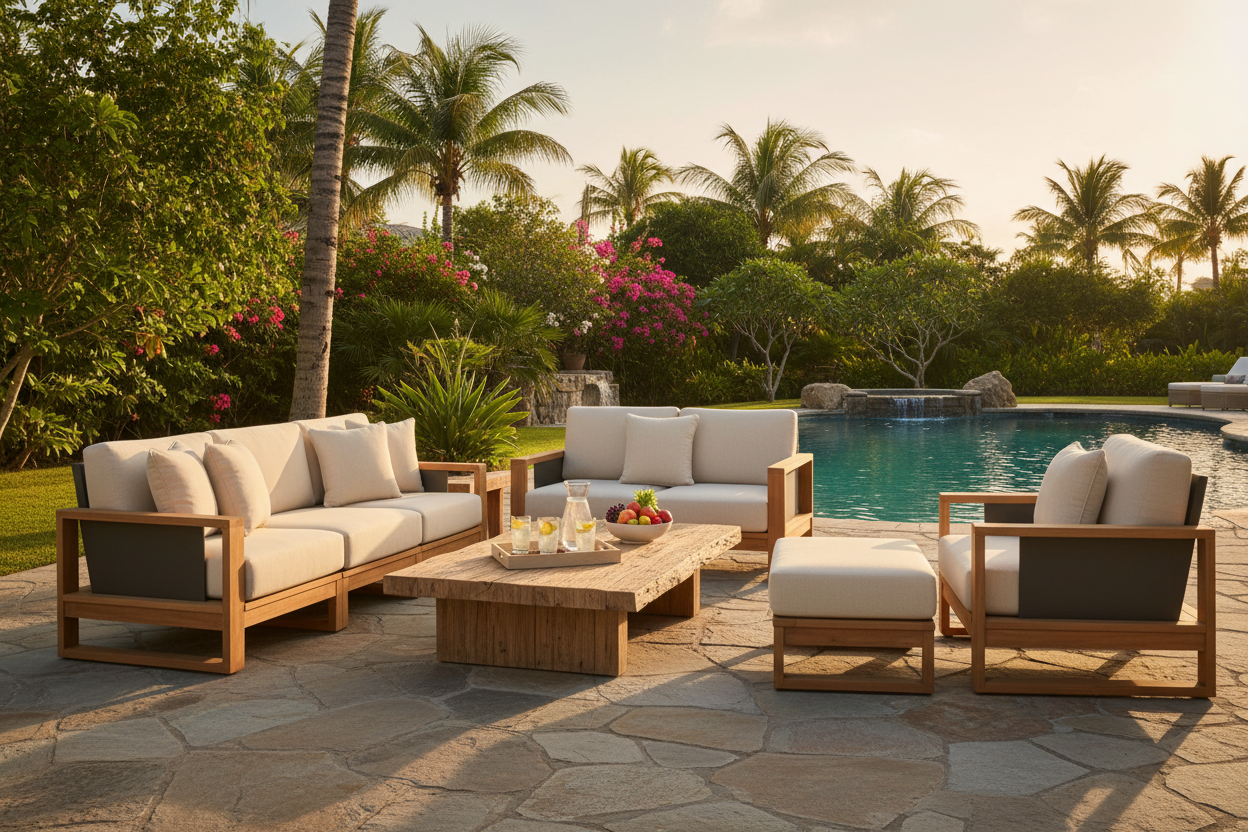 Deep Seating & Sofas Collection Hero - Premium outdoor deep seating sofa set with plush cushions, teak and aluminum frames and coffee table on a stone patio at golden hour with pool backdrop.