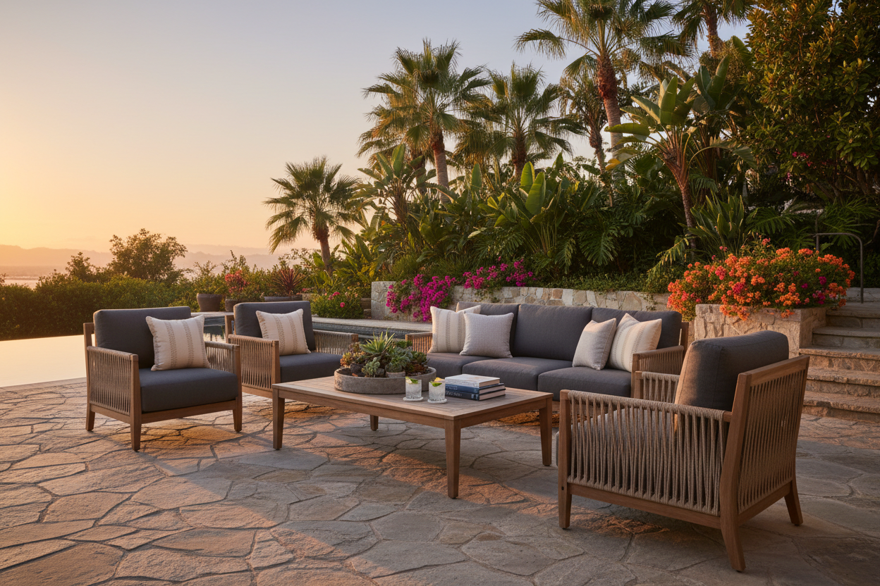 Outdoor Living Sets Collection Hero - Premium coordinated outdoor living set with deep seating sofa, lounge chairs and coffee table with Sunbrella cushions on a stone patio with pool and garden backdrop at golden hour.