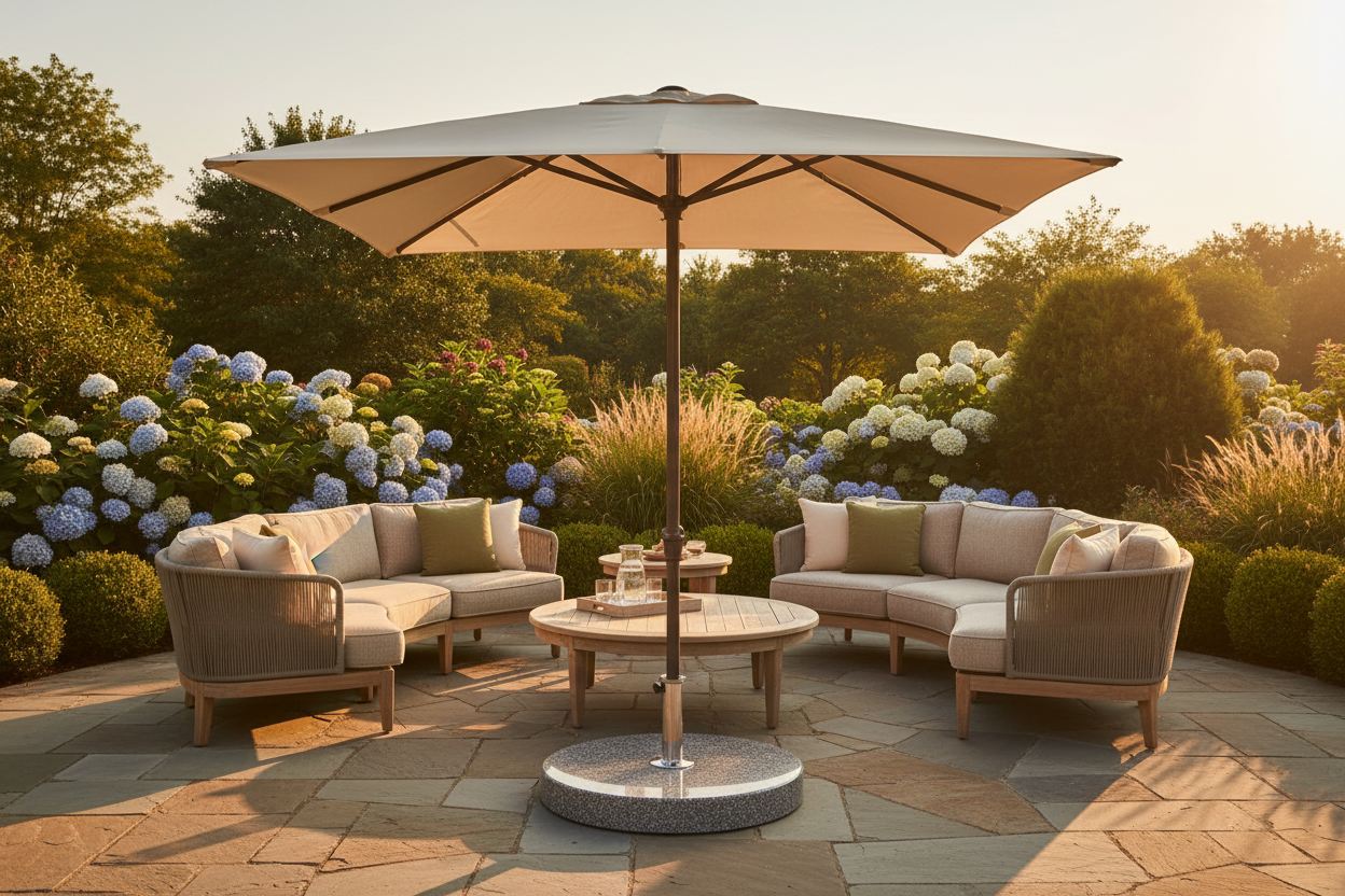 Umbrella Bases Collection Hero -  remium outdoor umbrella base anchoring a large shade umbrella over lounge seating on a stone patio at golden hour.