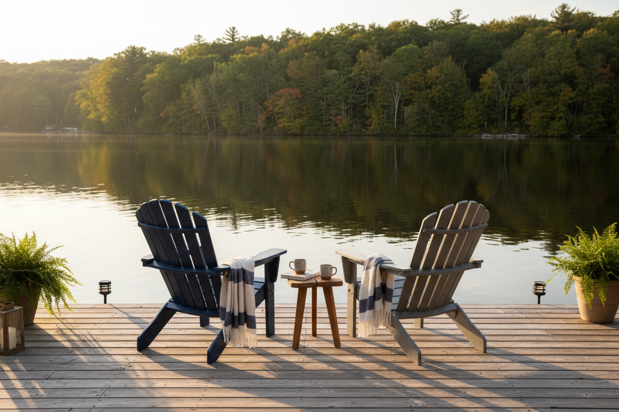 Adirondack Chairs Collection Hero - Premium poly lumber Adirondack chairs on a lakefront deck facing calm water with lush trees and golden hour light.