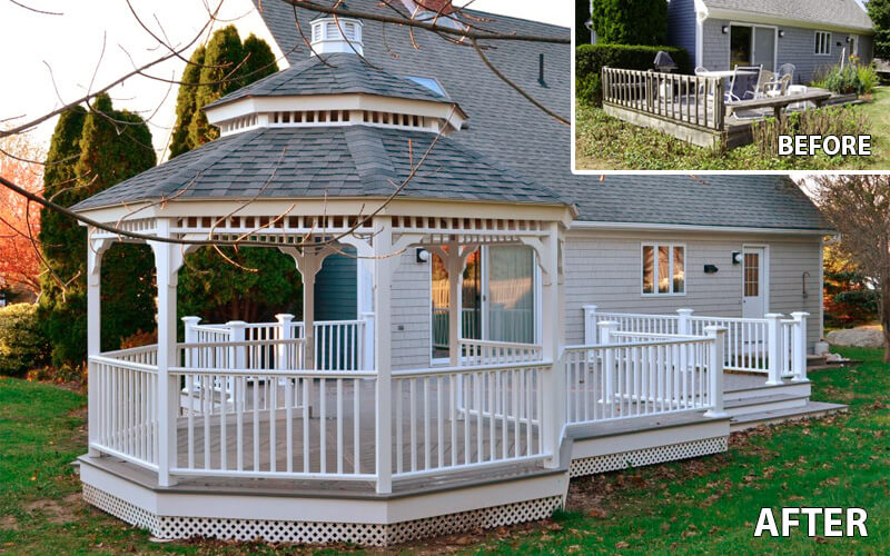 A white wooden porch and gazebo structure attached to a house, shown outdoors on grass with trees. The image includes a small inset in the top right labeled BEFORE showing a similar porch deck, with the main photo labeled AFTER.
