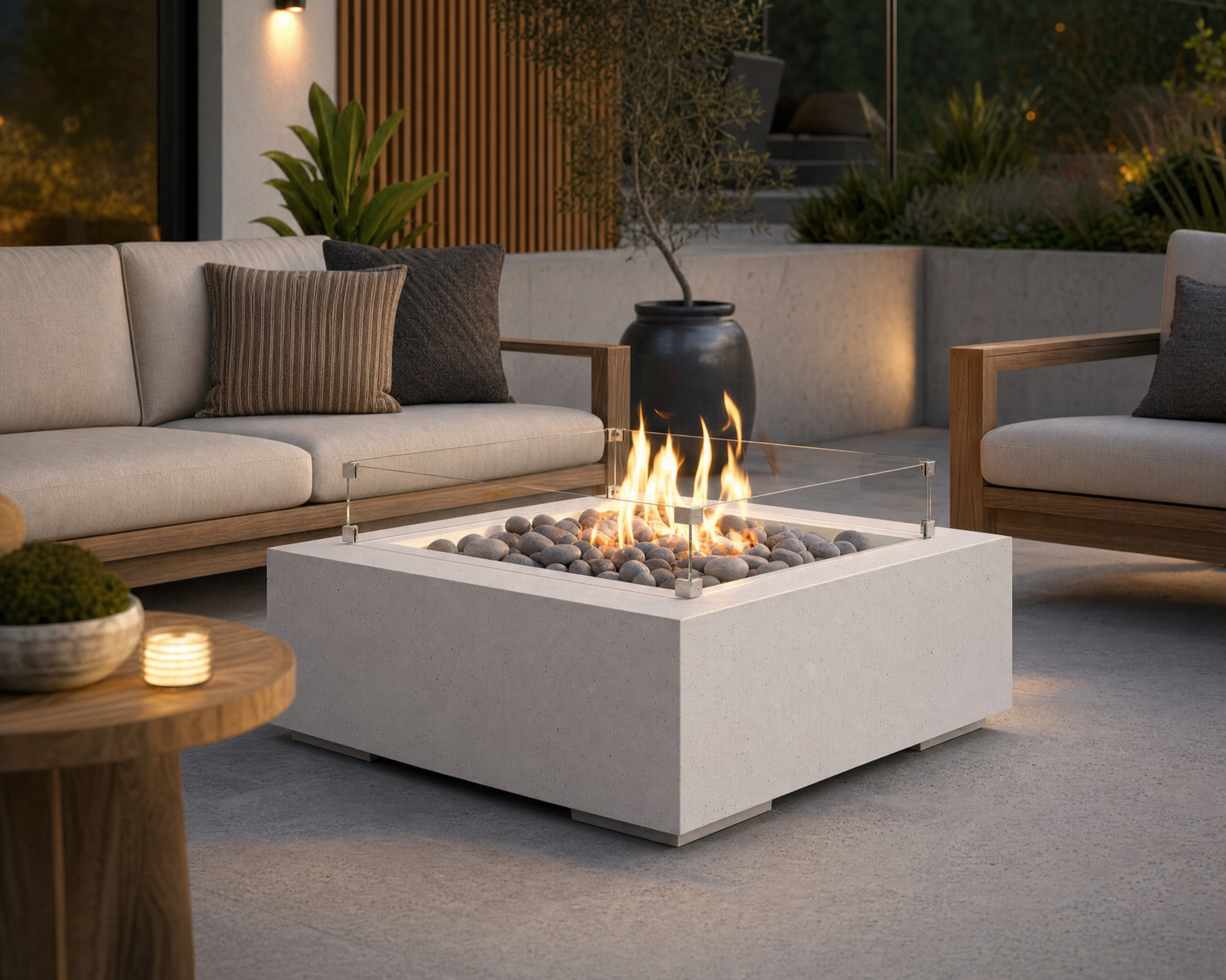 25-inch tempered glass wind guard on a 32-inch concrete fire pit centered around a teak seating area on a stone patio. 
