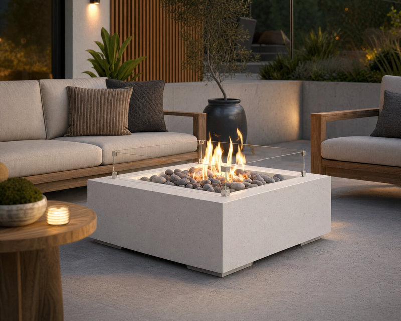25-inch tempered glass wind guard on a 32-inch concrete fire pit centered around a teak seating area on a stone patio. 