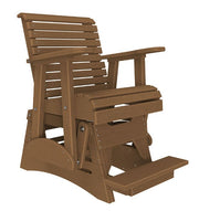 A brown slatted glider chair with a footrest, shown on a plain white background.
