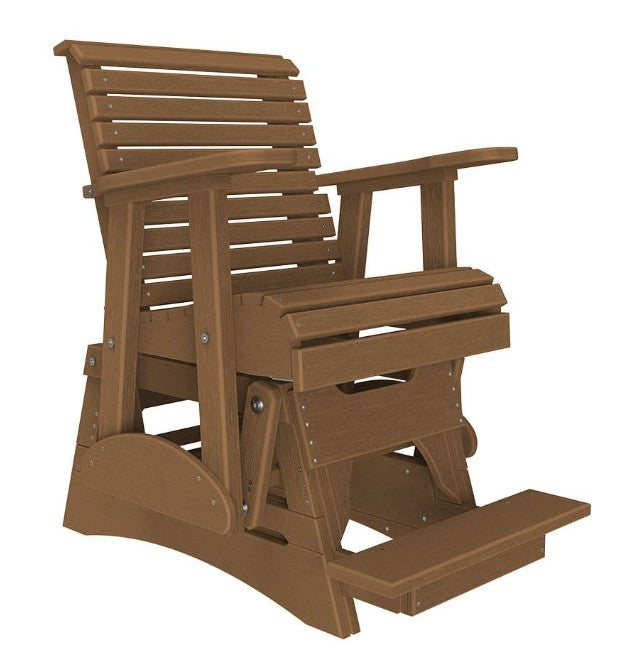 A brown slatted glider chair with a footrest, shown on a plain white background.