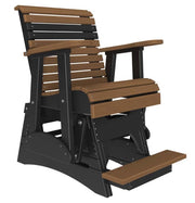 A glider chair with brown slatted wood-look seats and armrests, and a black frame, shown on a plain white background.