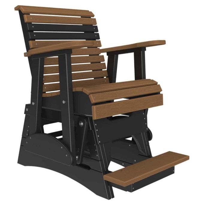 A glider chair with brown slatted wood-look seats and armrests, and a black frame, shown on a plain white background.