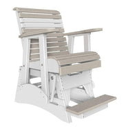 A white and light gray outdoor glider chair with a footrest, shown on a plain white background.
