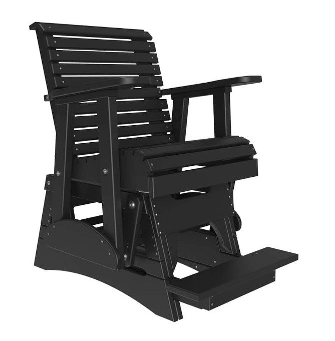 A black outdoor glider chair with a footrest, shown from a three-quarters angle against a plain white background.