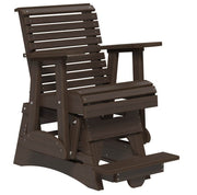 A dark brown outdoor glider chair with a footrest, shown on a plain white background.