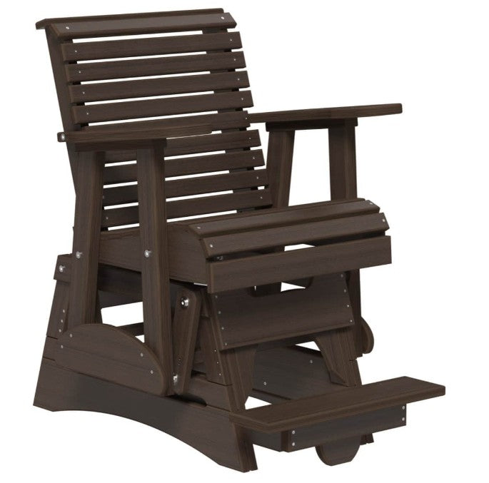 A dark brown outdoor glider chair with a footrest, shown on a plain white background.