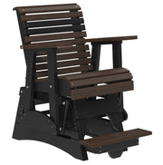 A dark brown and black outdoor glider chair with an integrated footrest, shown against a plain white background.