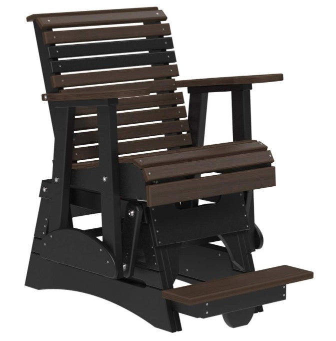 A dark brown and black outdoor glider chair with an integrated footrest, shown against a plain white background.