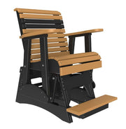 A glider chair with a black frame and light brown wooden slats, including the backrest, armrests, seat, and footrest, shown on a solid white background.