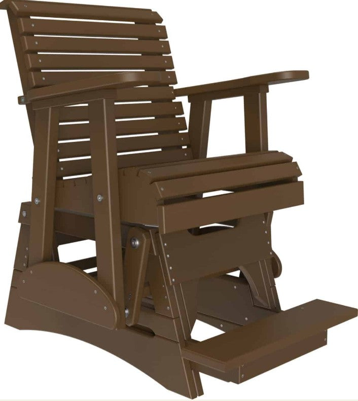 A brown slatted glider chair with armrests and a footrest, shown on a plain white background.