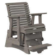 A gray composite wood outdoor glider chair with a slatted backrest, armrests, and an adjustable footrest, shown on a plain white background.