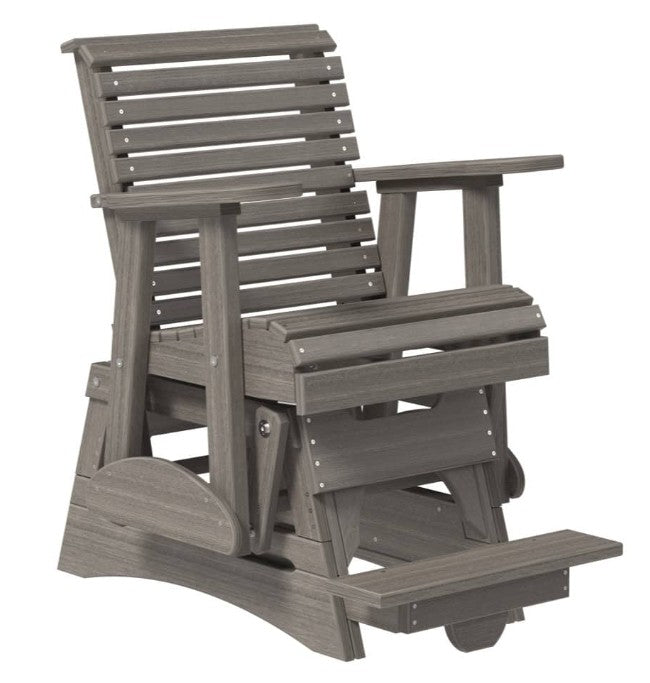A gray composite wood outdoor glider chair with a slatted backrest, armrests, and an adjustable footrest, shown on a plain white background.