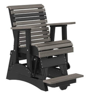 A dark gray and black outdoor glider chair with a footrest, shown on a plain white background.