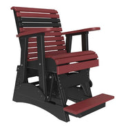 A red and black outdoor glider chair with a footrest, shown on a plain white background.