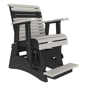 A modern outdoor glider chair with a footrest, featuring a black frame and light gray slatted seat, backrest, and armrests, shown on a solid white background.