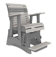 A gray outdoor glider chair with a footrest, made from durable slatted plastic or composite lumber, shown on a plain white background.